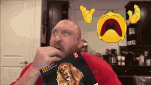 A Bald Man Is Holding A Book That Says ' Irish Setter ' On The Cover GIF