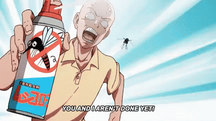 A Bald Man Is Holding A Can Of Mosquito Spray And Says You And I Aren 'T Done Yet GIF