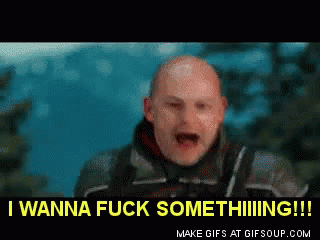 A Bald Man Is Screaming With The Words I Wanna Fuck Something Below Him GIF