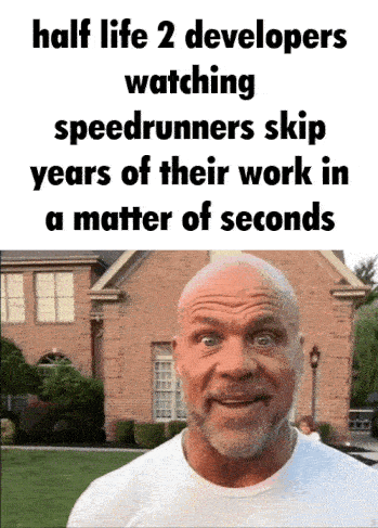 A Bald Man Is Standing In Front Of A Brick Building With A Caption That Says Half Life 2 Developers Watching Speedrunner GIF