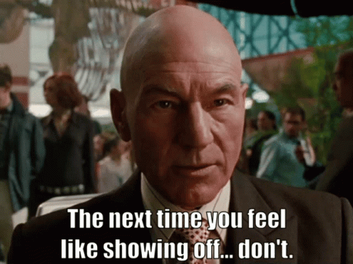 A Bald Man Says " The Next Time You Feel Like Showing Off ... Don 'T " GIF