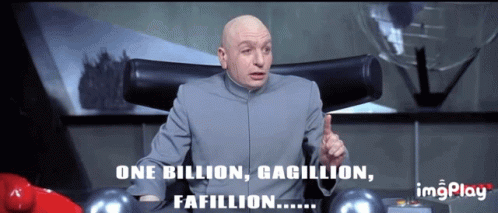 A Bald Man Sitting In A Chair With The Words One Billion Gaillion Famillion GIF