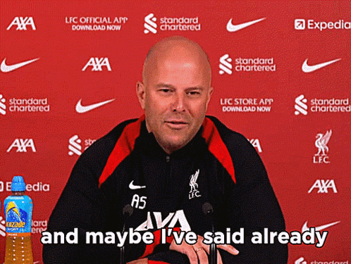 A Bald Man Stands In Front Of A Red Backdrop With The Words And Maybe I 'Ve Said Already GIF