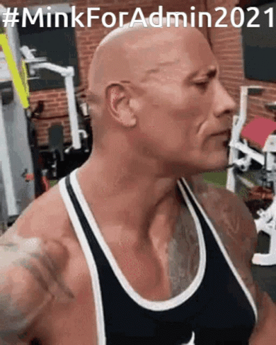 A Bald Man Wearing A Black And White Tank Top In A Gym With #Minkforadmin2021 Written Above Him GIF