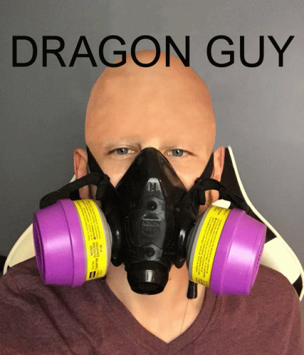 A Bald Man Wearing A Gas Mask With The Word Dragon Guy Above Him GIF