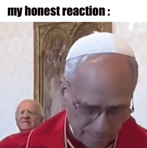 A Bald Man Wearing A White Hat And Glasses Is Standing In Front Of A Painting And Says My Honest Reaction . GIF