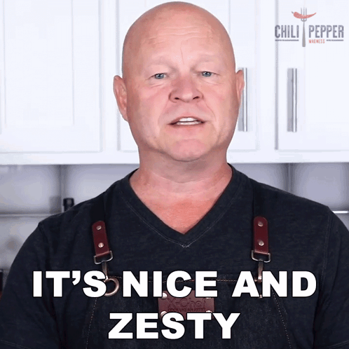 A Bald Man Wearing An Apron Says " It 'S Nice And Zesty " GIF