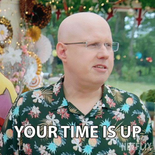 A Bald Man Wearing Glasses And A Hawaiian Shirt Says Your Time Is Up GIF