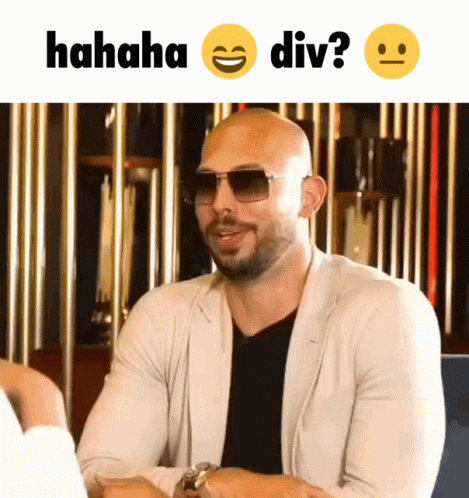 A Bald Man Wearing Sunglasses And A White Jacket Is Laughing With The Words " Hahaha Div " Below Him GIF