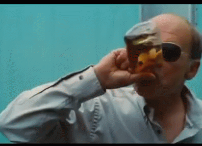 A Bald Man Wearing Sunglasses Is Drinking From A Glass Of Beer . GIF