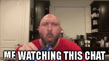 A Bald Man With A Beard Is Eating Chips With The Caption " Me Watching This Chat " Above Him GIF