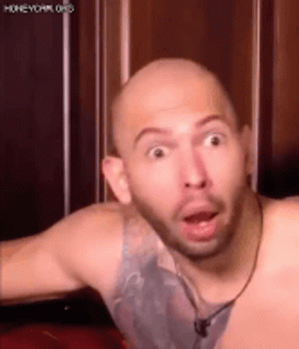 A Bald Man With A Beard Is Making A Funny Face With His Mouth Wide Open . GIF