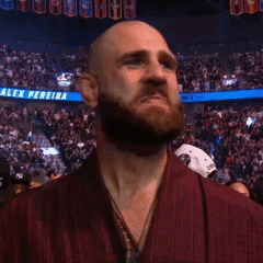 A Bald Man With A Beard Is Standing In Front Of A Crowd And A Banner That Says ' Reira ' On It GIF