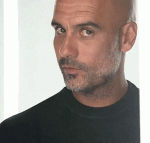 A Bald Man With A Beard Is Wearing A Black Shirt And Looking At The Camera . GIF