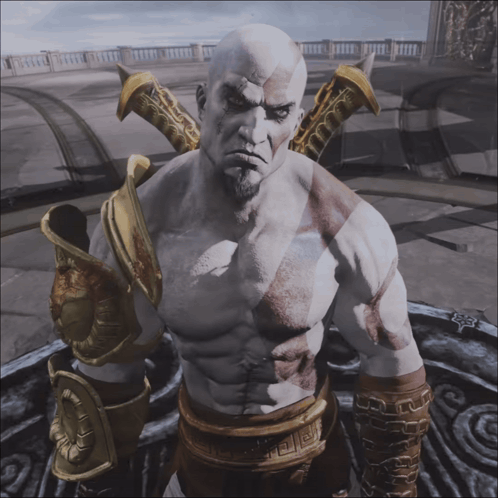 A Bald Man With A Beard Is Wearing A Greek Key Belt GIF