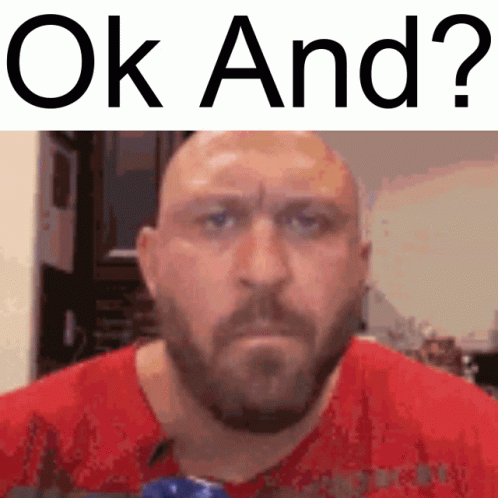 A Bald Man With A Beard Is Wearing A Red Shirt With The Words Ok And Written Above Him GIF