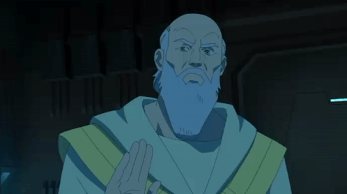 a bald man with a long beard and a yellow robe holds something in his hand