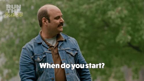 A Bald Man With A Mustache Is Asking When Do You Start GIF