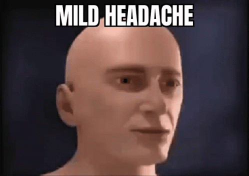 A Bald Man With The Words `` Mild Headache '' Written On His Face Is Looking At The Camera . GIF