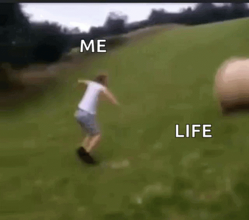 A Bale Of Hay Is Rolling In The Grass With The Words Me And Life Below It GIF