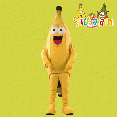 a banana mascot is standing in front of a green background with the words fruchaland printed on it