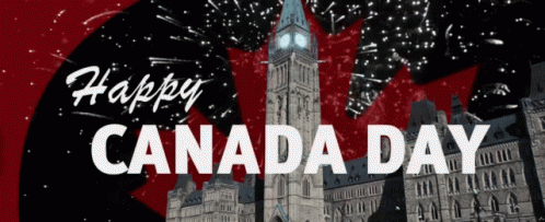 A Banner That Says Happy Canada Day With A Clock Tower GIF