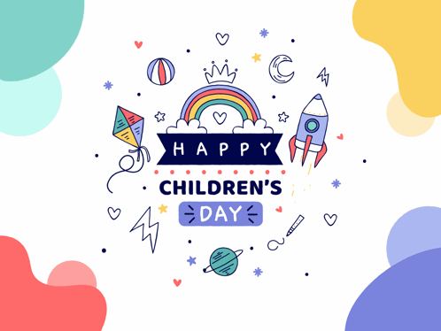 A Banner That Says Happy Children 'S With A Rainbow And A Rocket On It GIF