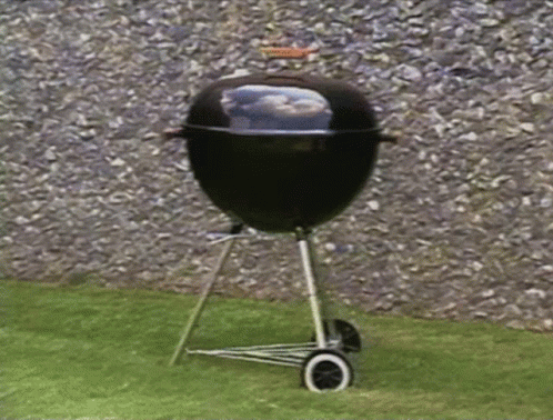 A Barbecue Grill Is Sitting On A Lawn In Front Of A Rock Wall GIF