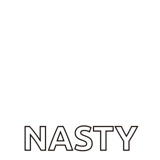 a barbie doll is making a funny face with the words `` nasty '' written next to her .