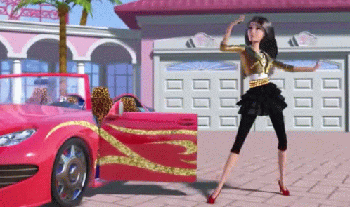 A Barbie Doll Is Standing Next To A Red Car GIF
