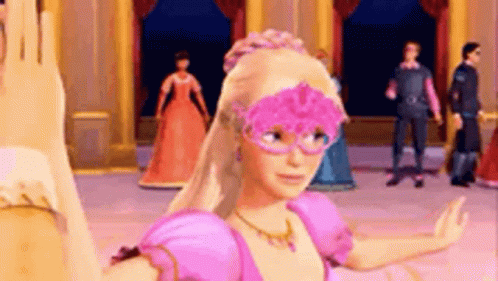 A Barbie Doll Wearing A Pink Mask Is Dancing In A Room . GIF