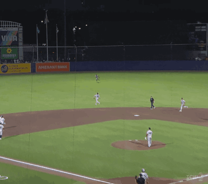 A Baseball Field With An Amerant Bank Sign In The Background GIF