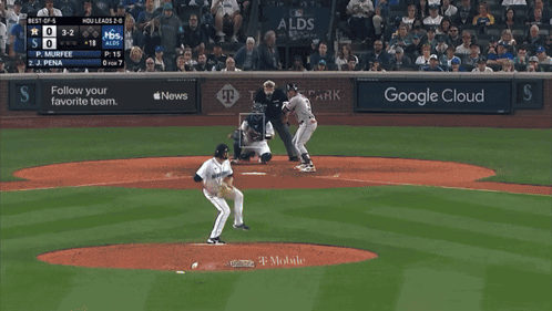 A Baseball Game Is Being Played In A Stadium Sponsored By T Mobile And Alaska Air GIF