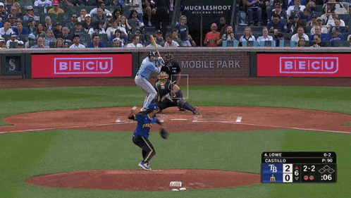 A Baseball Game Is Being Played In A Stadium With Becu Ads On The Wall GIF