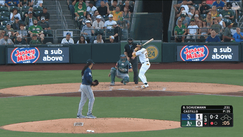 A Baseball Game Is Being Played In Front Of A Banner That Says Jersey Mikes On It GIF