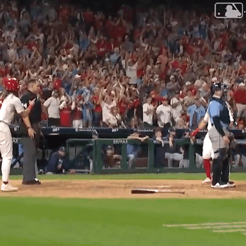 A Baseball Game Is Being Played In Front Of A Crowd With A Sign That Says Re/max On It GIF