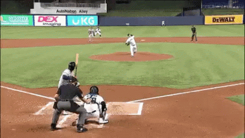 A Baseball Game Is Being Played On A Field With Advertisements For Dewalt And Dex Imaging . GIF