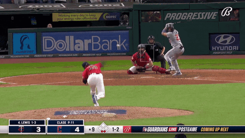 A Baseball Game Is Being Played With Ads For Dollar Bank Hyundai And Progressive GIF