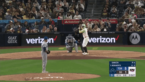 A Baseball Game Is Being Played With Advertisements For Verizon And Seat Geek GIF