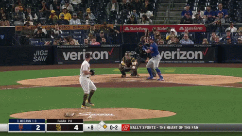 A Baseball Game Is Being Played With Advertisements For Verizon And State Farm GIF