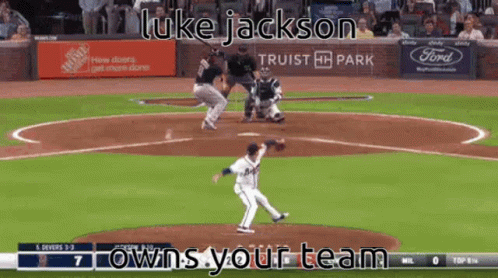 A Baseball Game Is Being Played With The Words Luke Jackson Owns Your Team On The Screen GIF