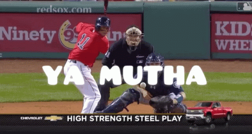 A Baseball Game Is Being Shown On A Screen That Says Ya Mutha High Strength Steel Play GIF