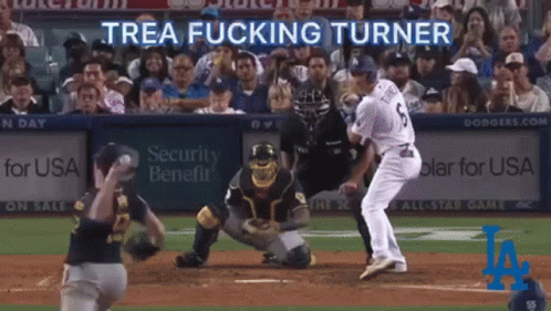 A Baseball Game With The Words Trea Fucking Turner GIF
