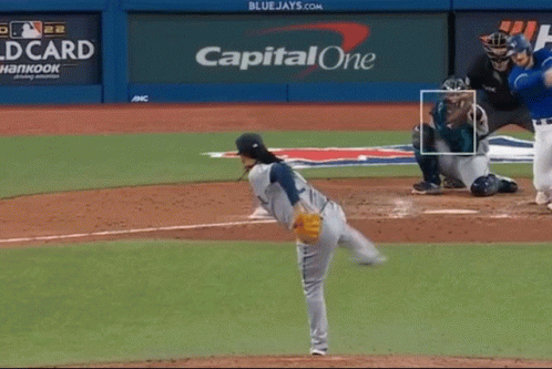 A Baseball Pitcher Is About To Throw A Ball In Front Of A Capital One Sign GIF