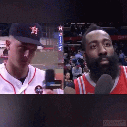 A Baseball Player And A Basketball Player Talking Into Microphones GIF