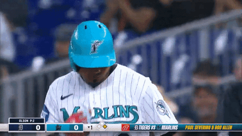 A Baseball Player For The Miami Marlins Looks Down At The Scoreboard GIF