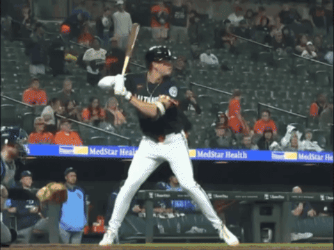 A Baseball Player Getting Ready To Swing At A Ball In Front Of A Banner For Medstar Health GIF