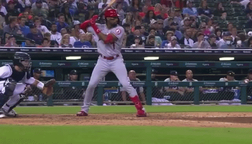 A Baseball Player Getting Ready To Swing At A Ball With A Tigers Logo On The Dugout GIF