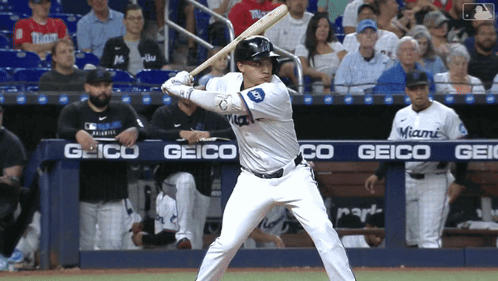 A Baseball Player Getting Ready To Swing At A Pitch With A Geico Banner In The Background GIF