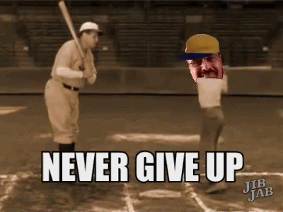 A Baseball Player Holding A Bat With The Words Never Give Up Written Below Him GIF
